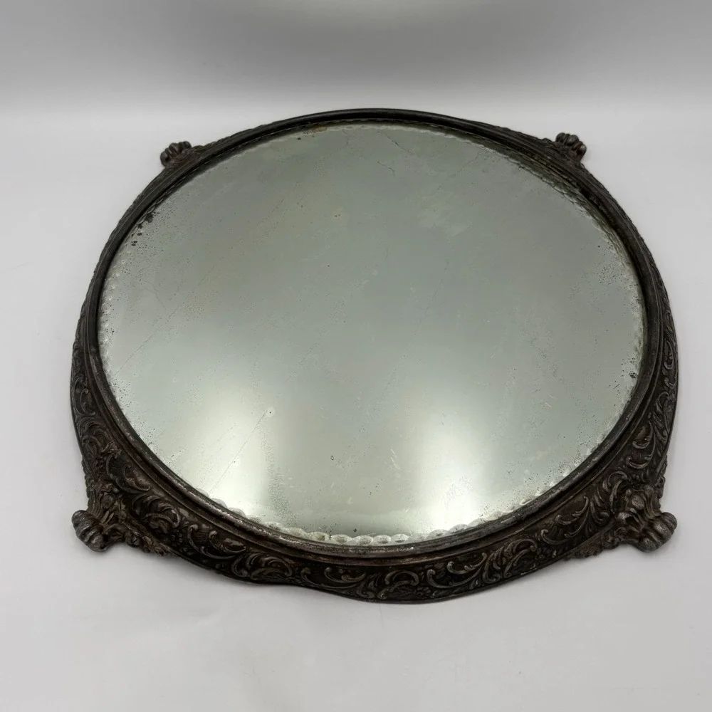 Antique Von Bergh‎ S.P. Co. Beveled Mirror Silver Plated Repousse Vanity Plateau